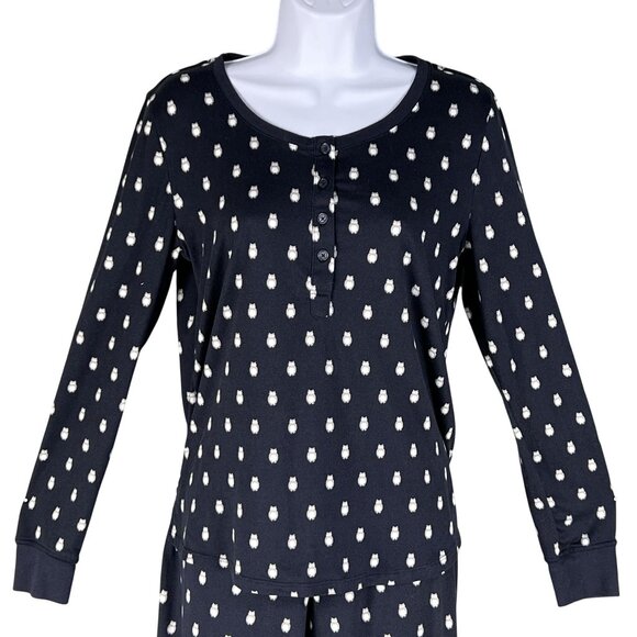Kate Spade Womens S Navy Blue Owl Henley Jogger PJ Set Long Sleeves Button Front - Picture 16 of 16